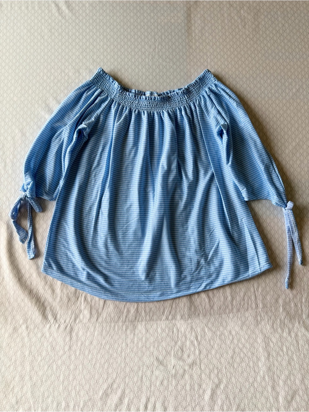 Passport Light Blue Striped Off-Shoulder Tie-Sleeve Tunic